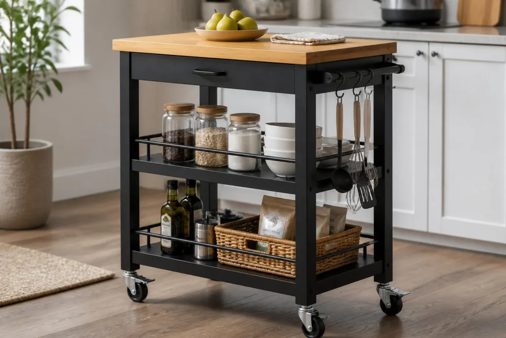 Durable kitchen cart with locking casters and multiple storage shelves.