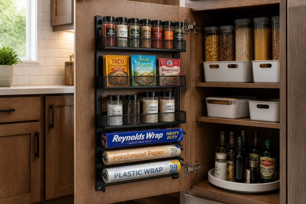 Cabinet door organizer storing spices and kitchen supplies