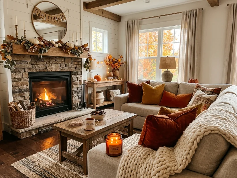 Cozy living room with fall pillows, knit throw, and seasonal Thanksgiving decor.