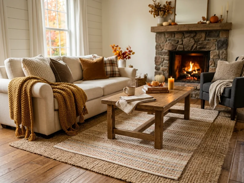 Layered textures adding warmth to a fall living room.