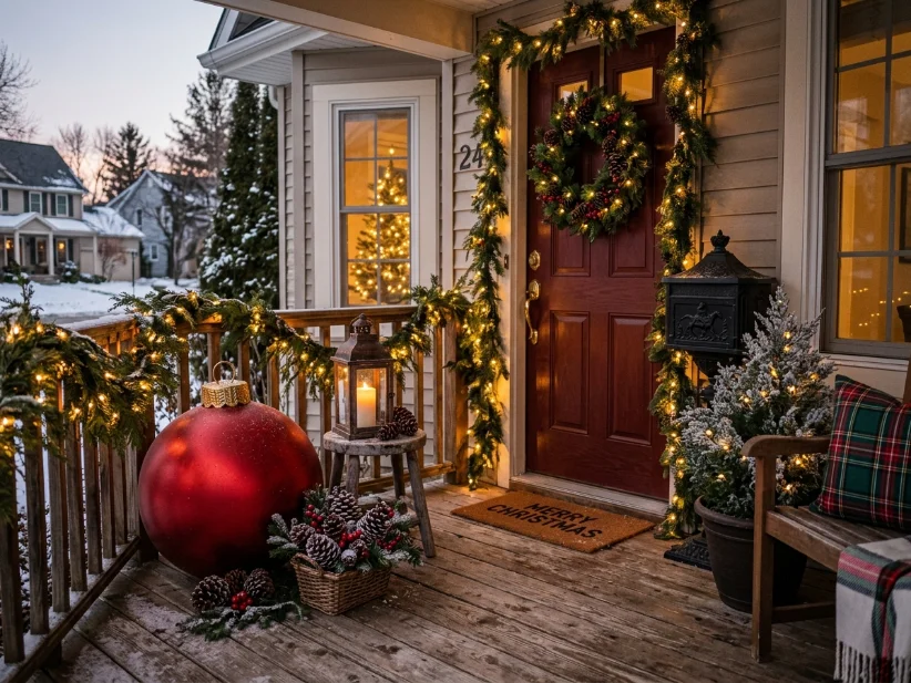 Large red Christmas ornament creating a focal point on a small porch.