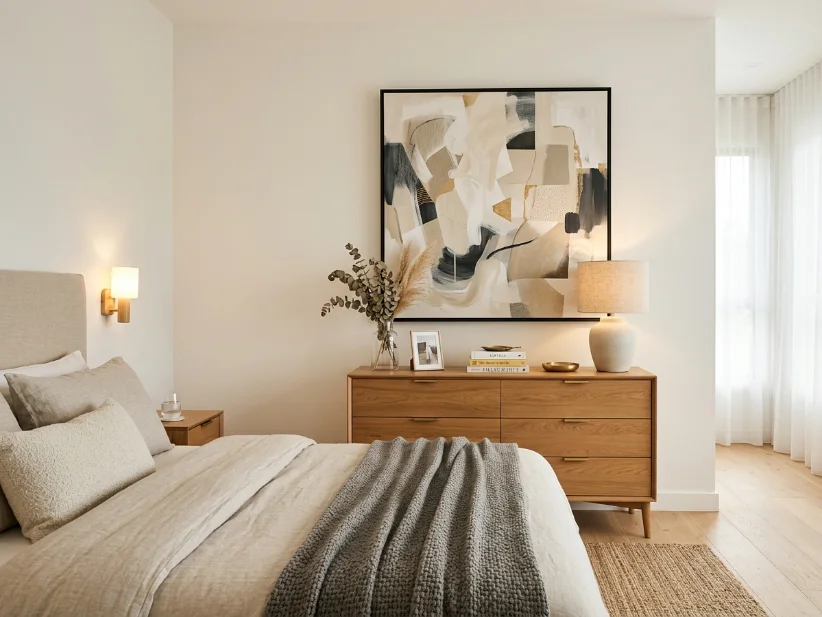 Framed abstract wall art decorating a romantic bedroom.