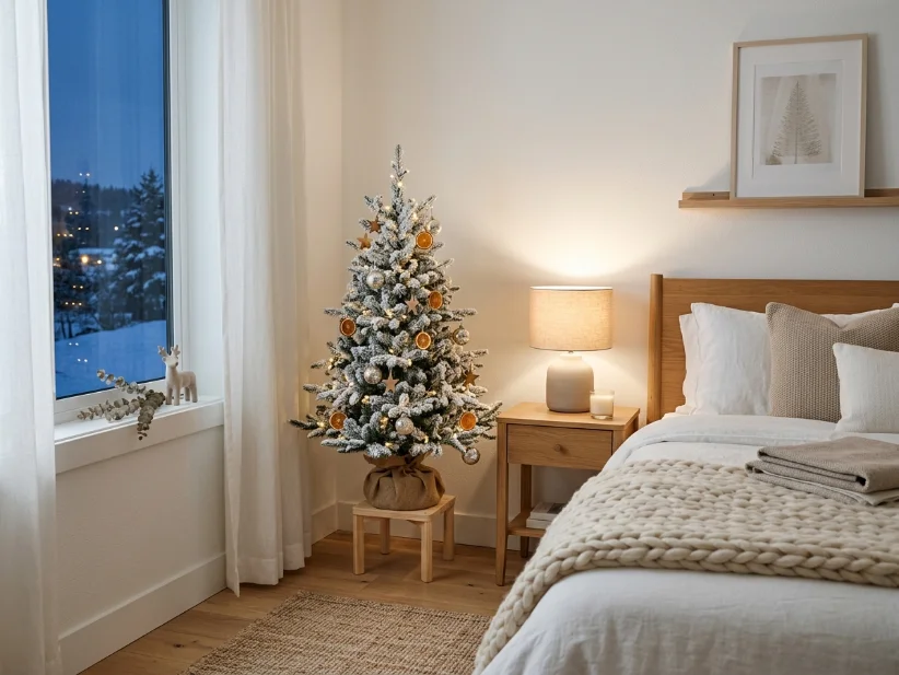 Single flocked Christmas tree creates a simple festive bedroom.