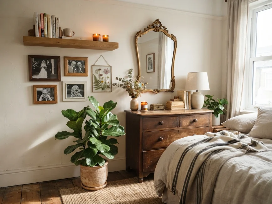 Personal bedroom decor with thrifted frames and vintage accents.