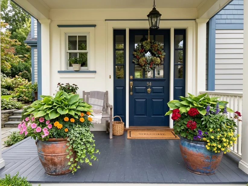 Large decorative planters creating an inviting front entrance.