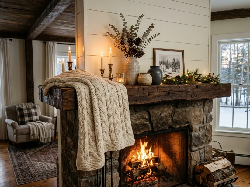Thick versus lightweight throw on a winter mantel.
