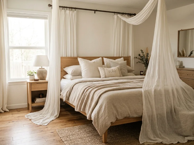 DIY canopy curtains creating a romantic bedroom focal point.