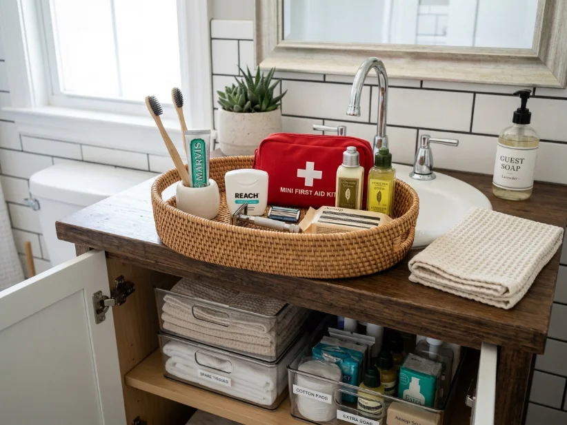Organized guest bathroom storage with travel-size toiletries