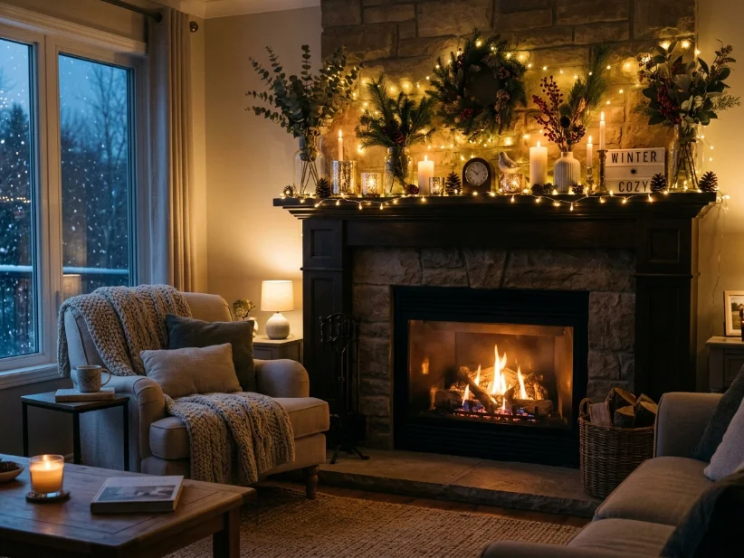 Warm string lights creating a cozy winter mantel display.