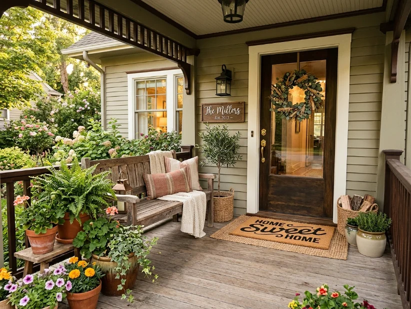 Budget-friendly front porch decorated with a doormat and wooden bench.
