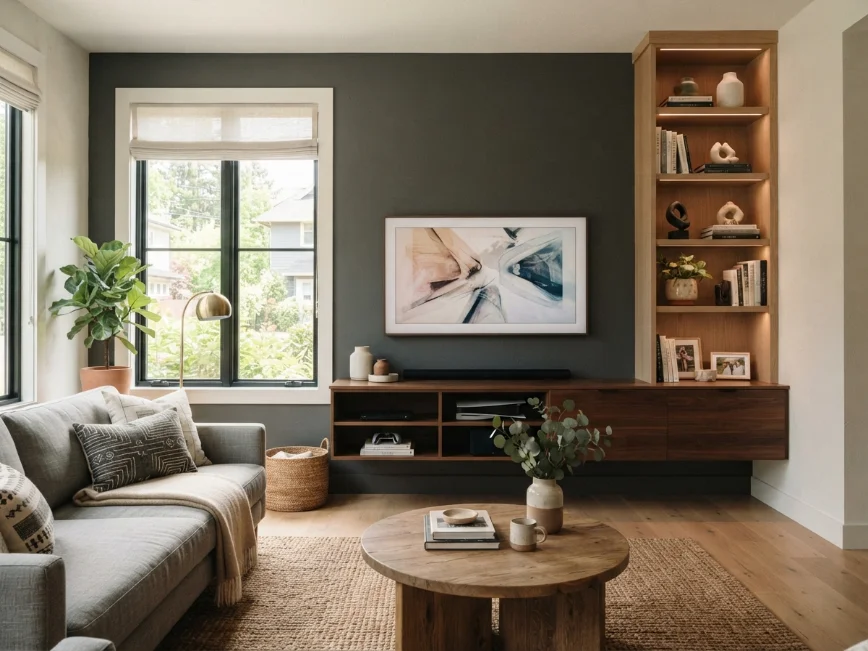 Balancing an awkward living room wall with a tall bookshelf