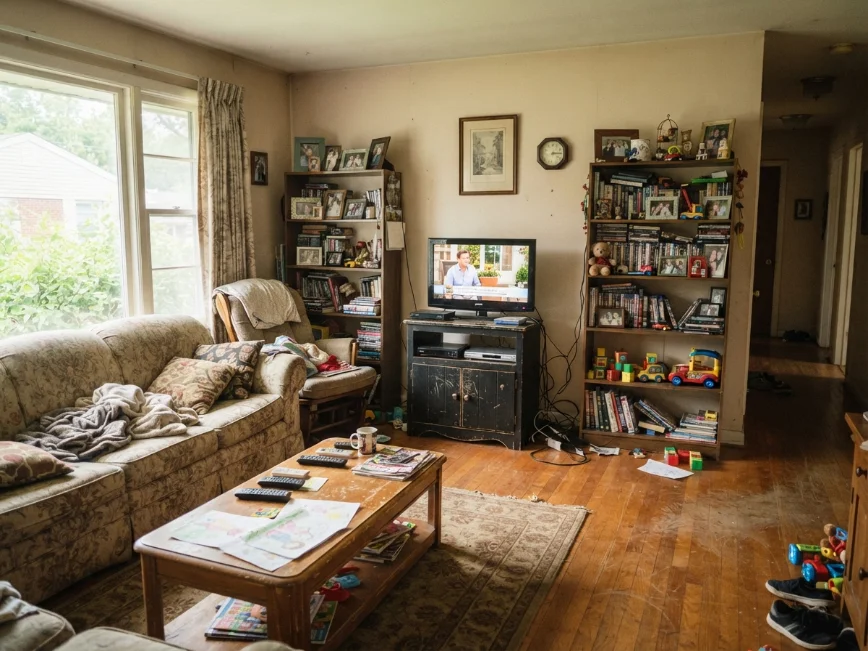 Outdated TV stand before a living room makeover
