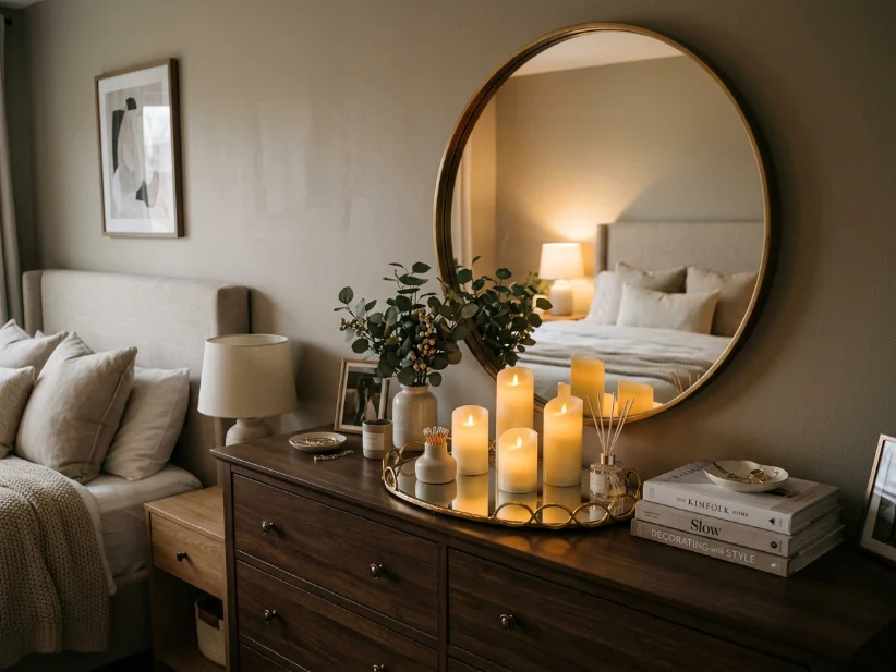 Flameless candles adding safe romantic lighting to a bedroom.