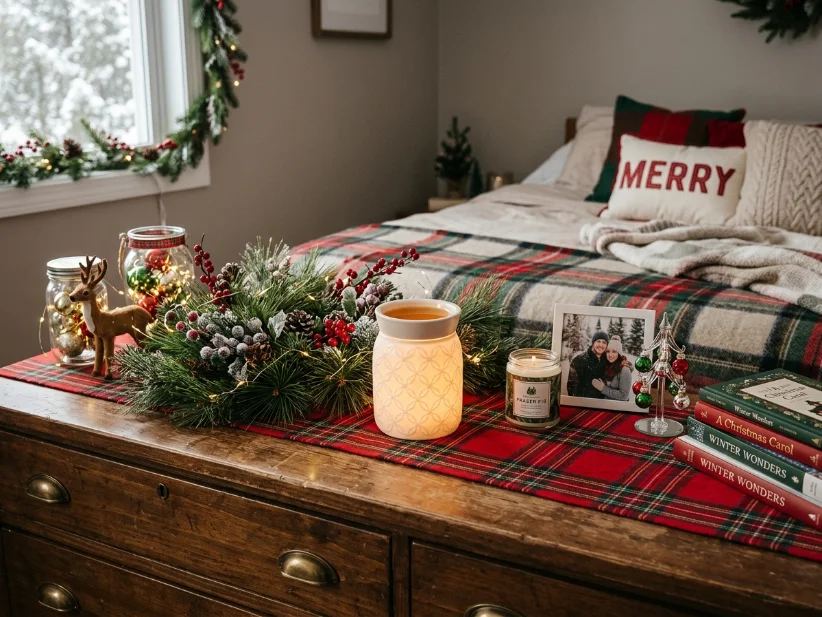 Flameless wax warmer used safely in a Christmas bedroom.
