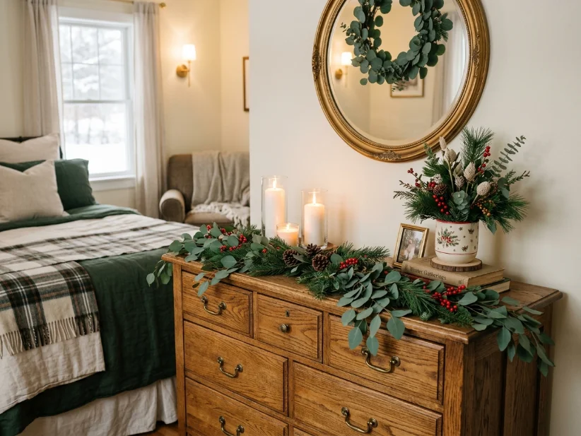 Christmas bedroom window decorated with a glowing battery candle.