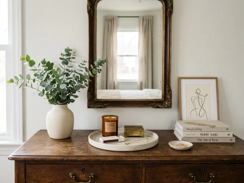 Minimal bedroom dresser vignette with flowers and decorative accessories.