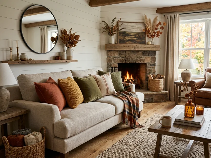 Neutral sofa decorated with warm-colored fall throw pillows.