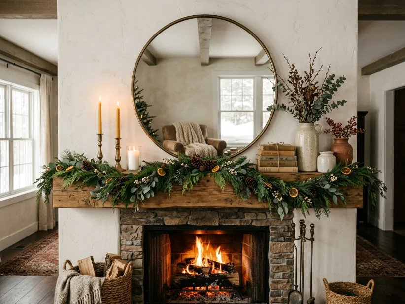 Large round mirror as the focal point of a winter mantel.
