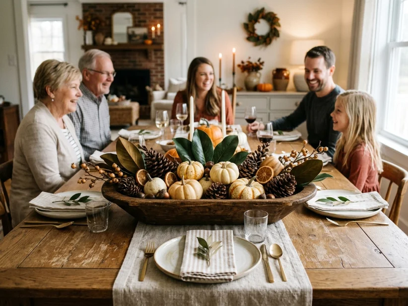 Low wooden Thanksgiving centerpiece with pumpkins, pinecones, and magnolia leaves.