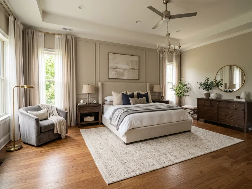 Large area rug properly placed under a luxury master bed.