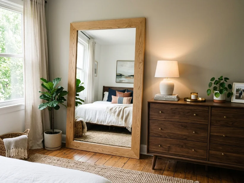 Large leaning mirror reflecting natural light throughout a bedroom.