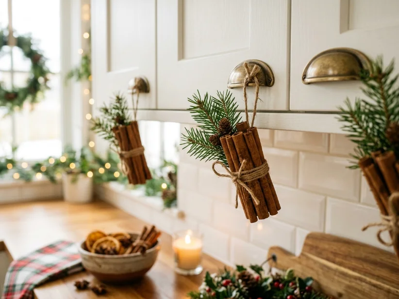 Cinnamon stick bundles decorating kitchen cabinet pulls for Christmas.