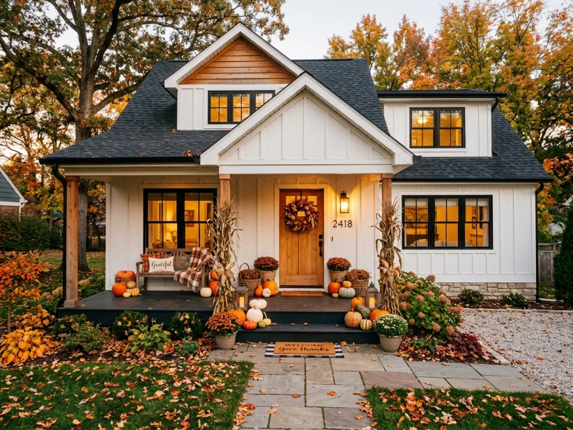 Cozy home decorated for Thanksgiving with pumpkins and a welcoming front porch.