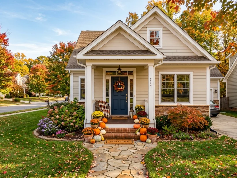Cozy suburban home decorated for the start of fall season.
