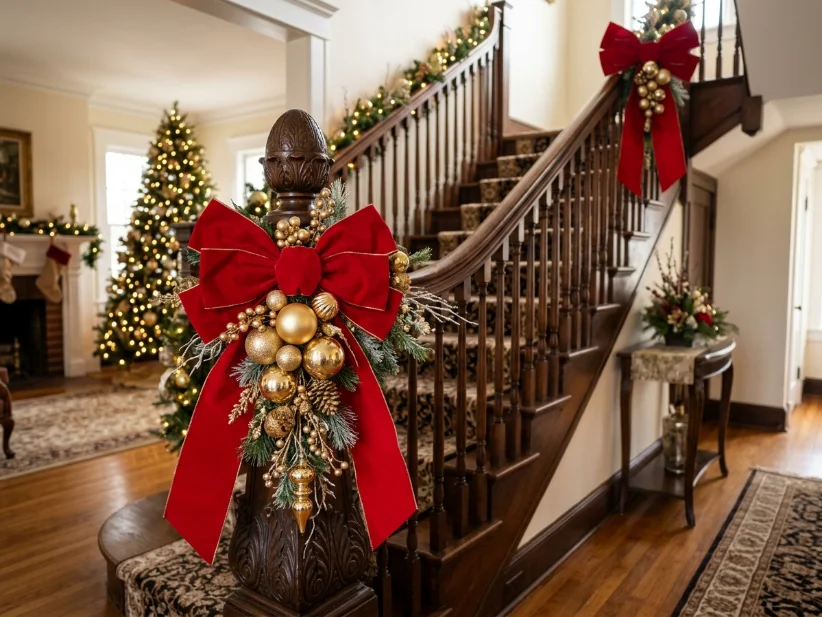 Decorated staircase newel post with bow and ornaments.
