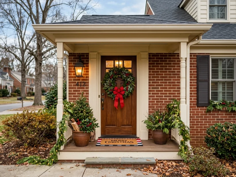 Handmade Christmas wreath with a simple red ribbon on a front door.