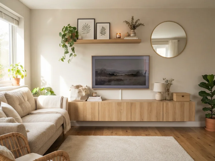 TV wall decorated with mirror, floating shelf and framed artwork