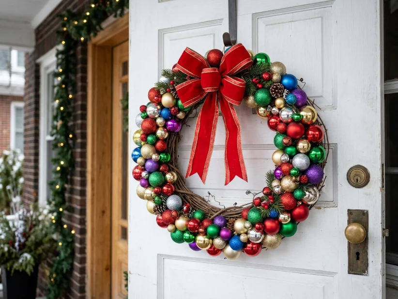 DIY dollar store ornament wreath hanging on a Christmas front door.