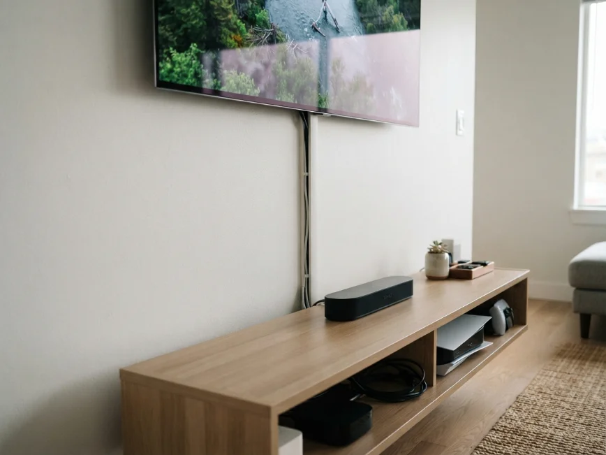 Hidden cable management behind a modern TV setup