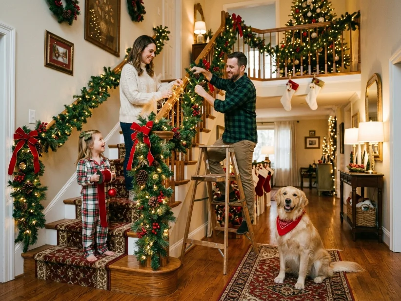 Family decorating a Christmas staircase with garland in a cosy home.