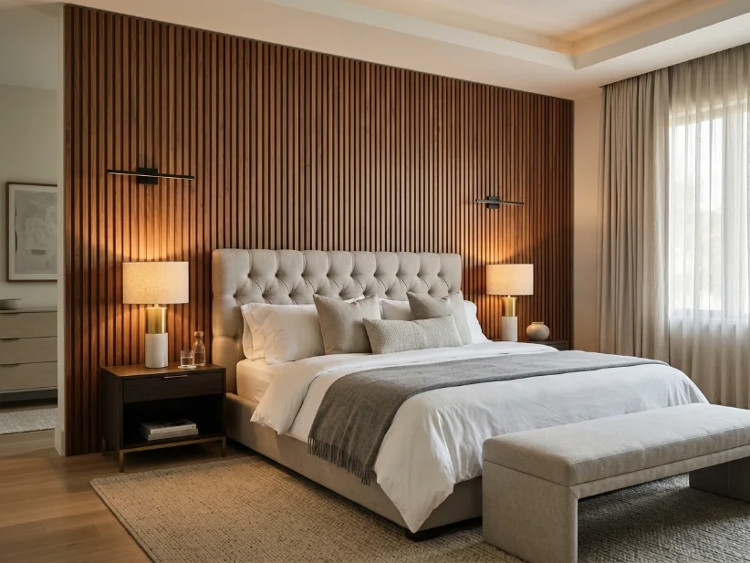 Walnut wood slat accent wall behind a luxury upholstered bed.