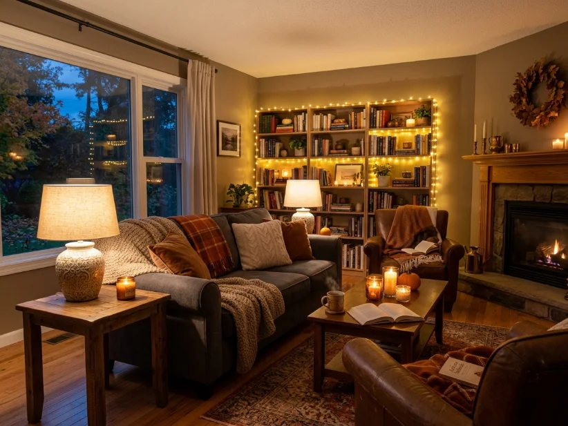 Warm lighting creating a cozy fall atmosphere in a living room.