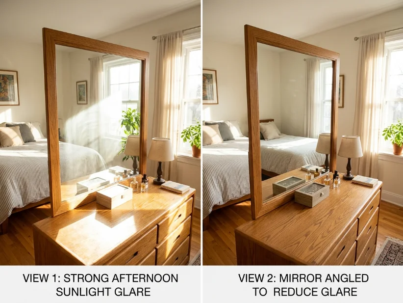 Adjusting a bedroom mirror angle to reduce glare from sunlight.
