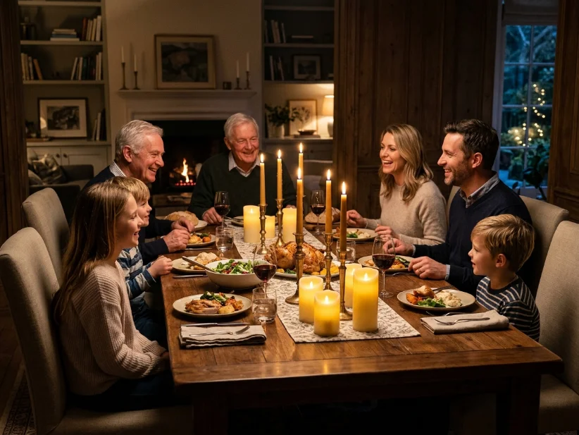 Dining table decorated with candles for warm evening ambiance.