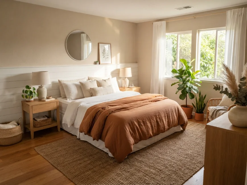 Budget-friendly bedroom makeover with cozy bedding and modern decor.