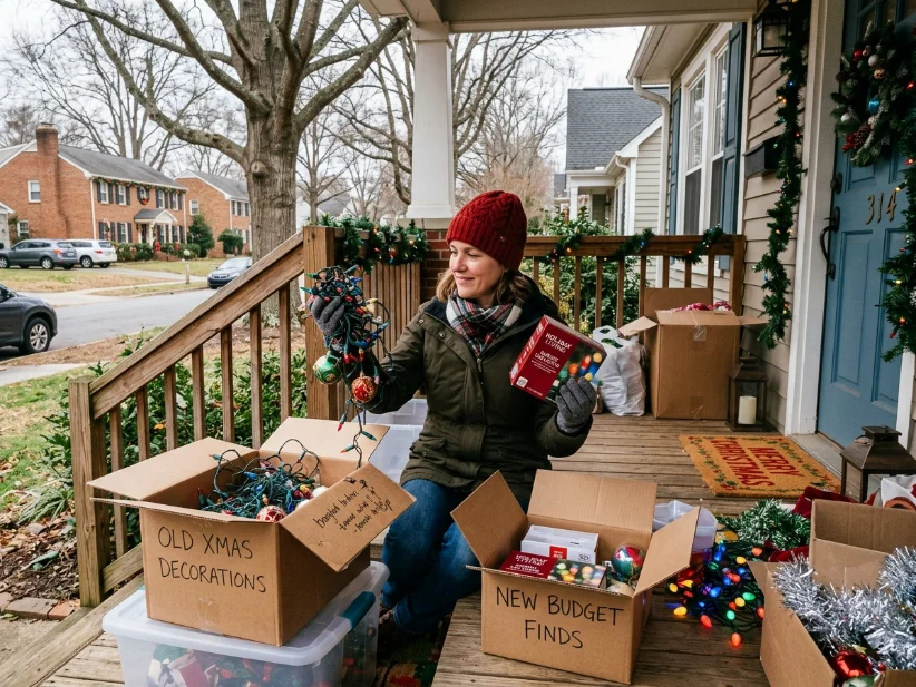 Homeowner replacing damaged Christmas porch decorations with affordable long-lasting décor.