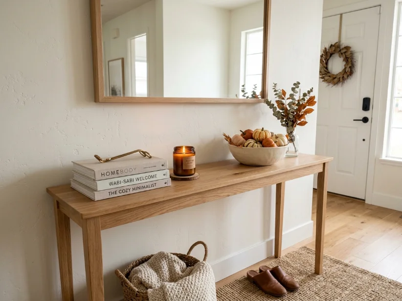 Simple fall entryway table decorated with pumpkins and candles.