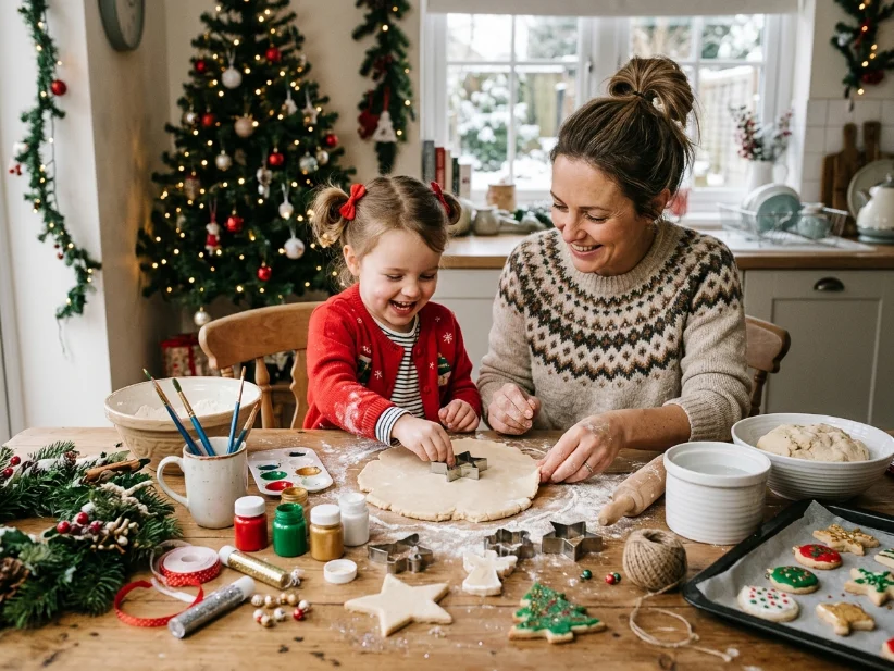 Mother and daughter making homemade salt dough Christmas ornaments.