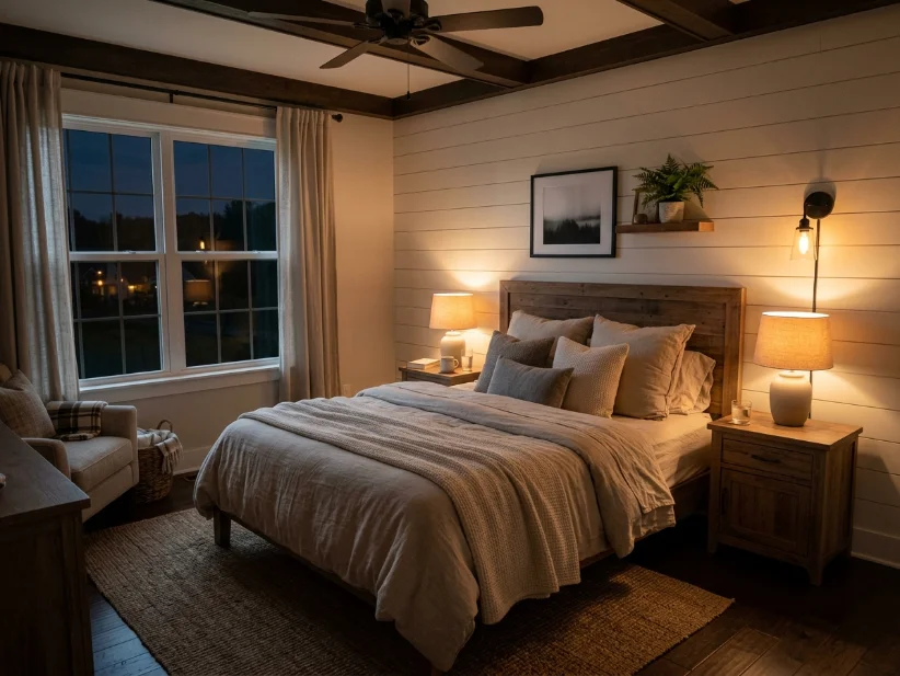 Warm layered lighting creating a romantic bedroom atmosphere.