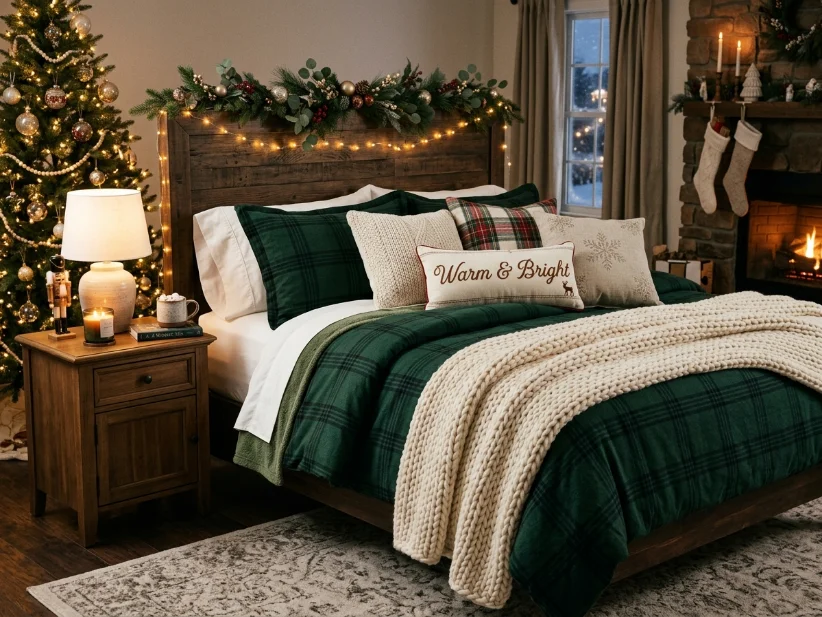 Layered Christmas bedding with flannel and knit textures.