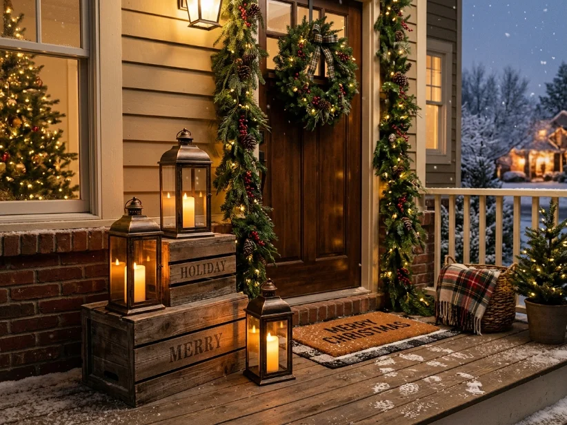 Battery-powered lanterns arranged at different heights on a Christmas porch.