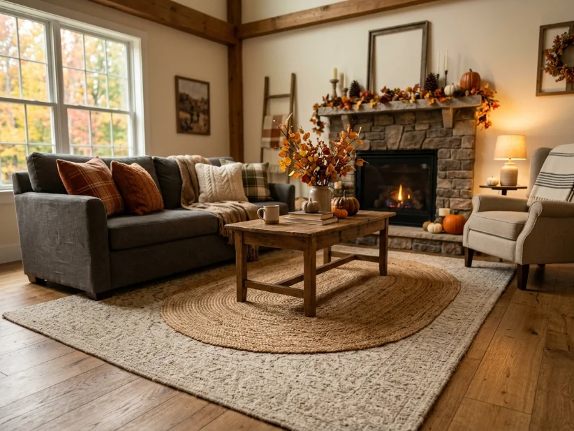 Layered jute rug adding texture to a fall living room.