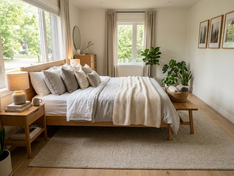 Neutral area rug layered under a bed for added warmth.