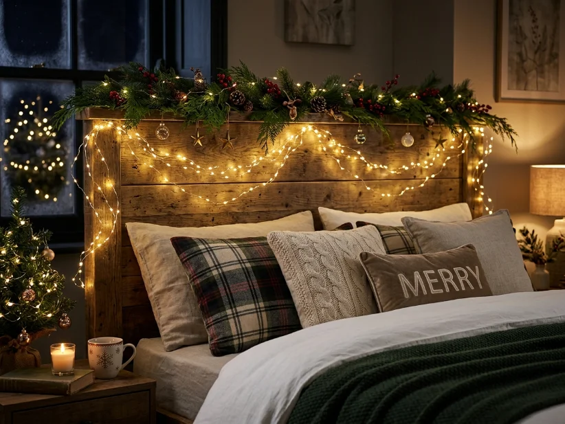 Warm white string lights create a cozy Christmas bedroom.