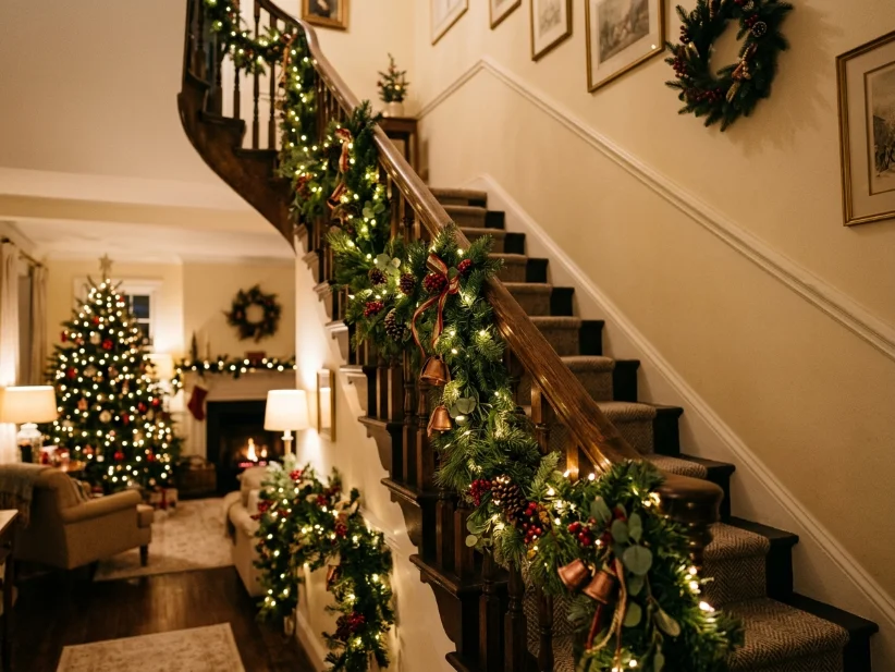 Warm white fairy lights woven through staircase garland.