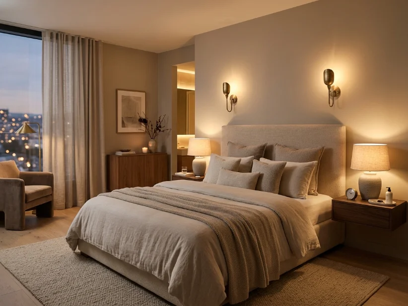 Layered bedroom lighting with sconces and bedside lamps.
